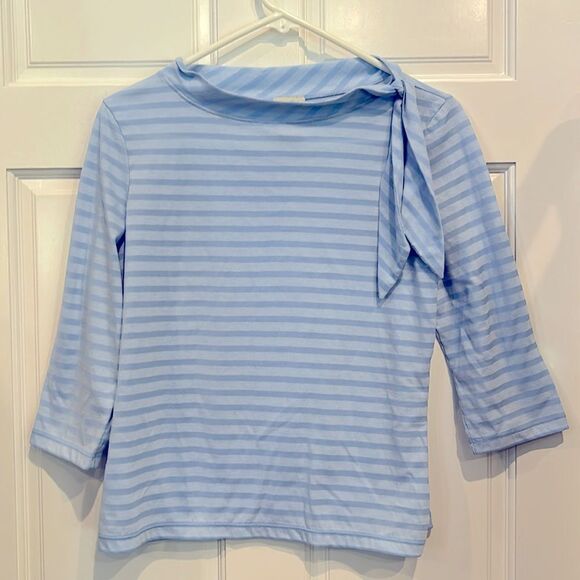 J Jill light blue striped recorder length sleeve top with side tie neck small - Picture 3 of 7